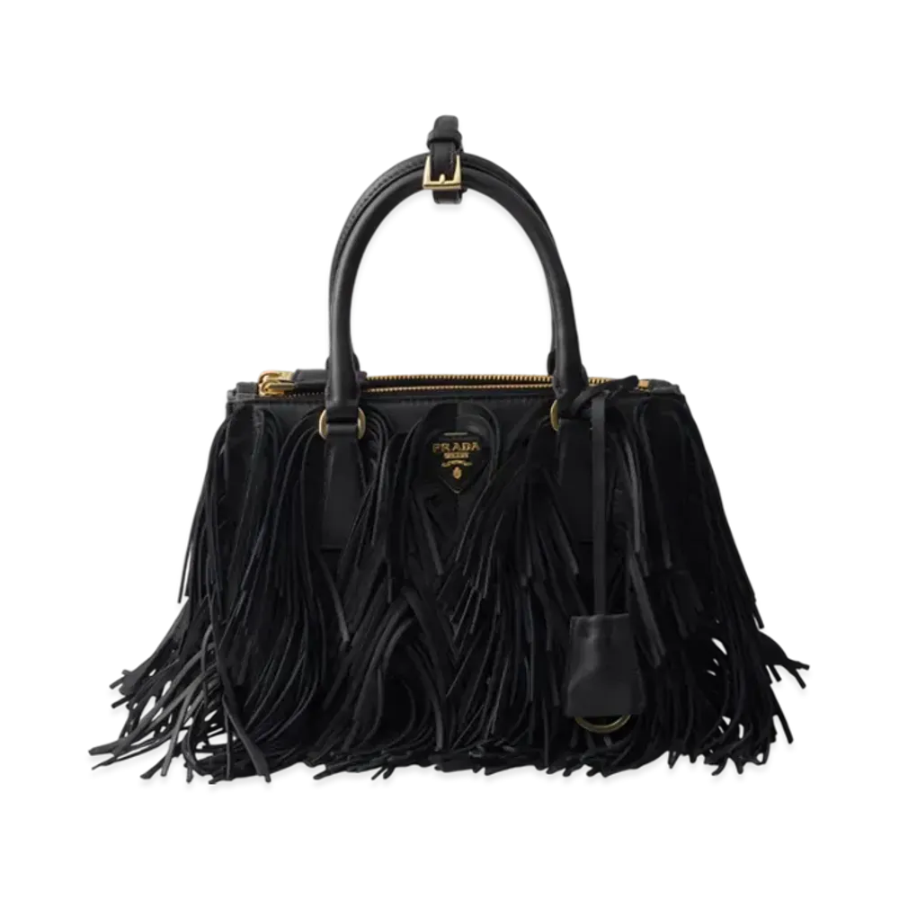 PRADA Galleria Small Leather Bag with Fringe "Black"