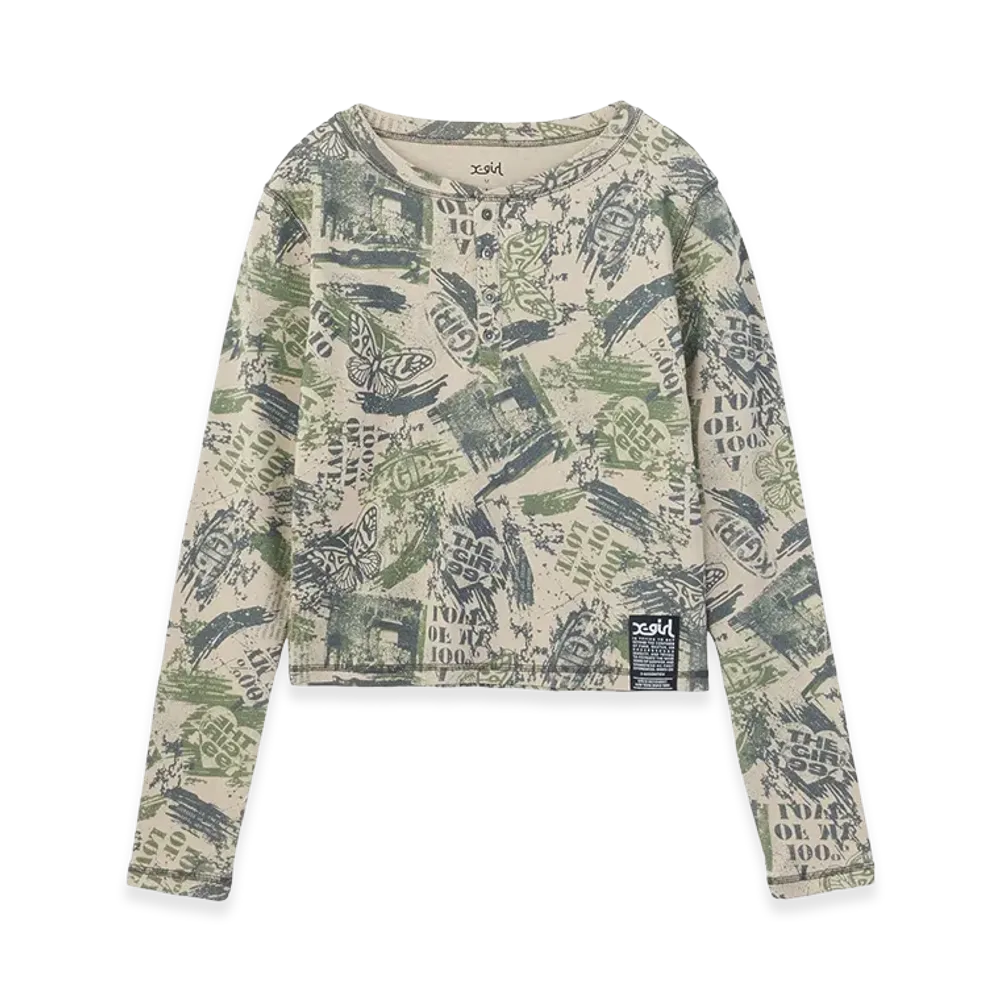 X-Girl Women's Brushed Collage Graphic Henley Neck L/S Compact Top "Beige"