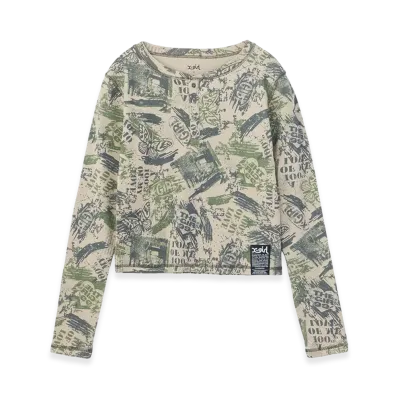 X-Girl Women's Brushed Collage Graphic Henley Neck L/S Compact Top "Beige"
