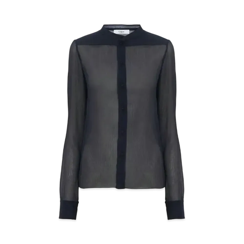 Chloe Slim-Fit Collarless Blouse In Silk Crepon "Graphite Blue"