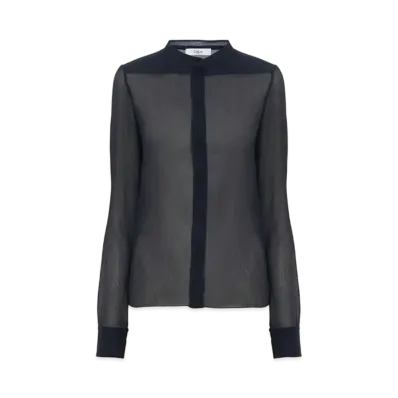 Chloe Slim-Fit Collarless Blouse In Silk Crepon "Graphite Blue"