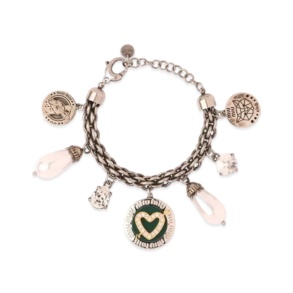 MIU MIU Miu Pave Crystal x Pearl Bracelet "Dark Gray/Dark Green"