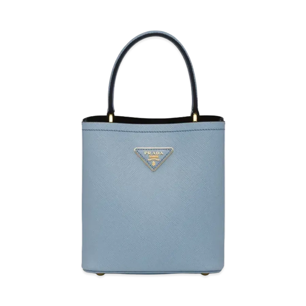 PRADA Small Saffiano Leather Panier Bag "Light Blue/Black"