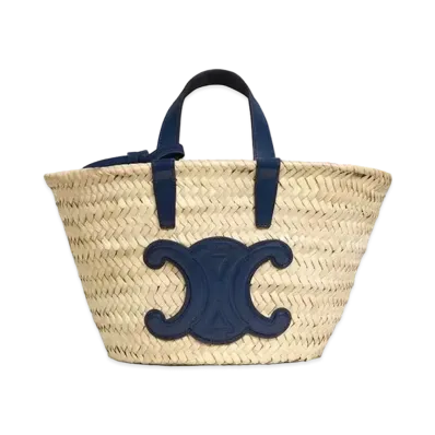 CELINE Teen Triomphe Celine Classic Panier In Palm Leaves and Calfskin "Navy Blue"