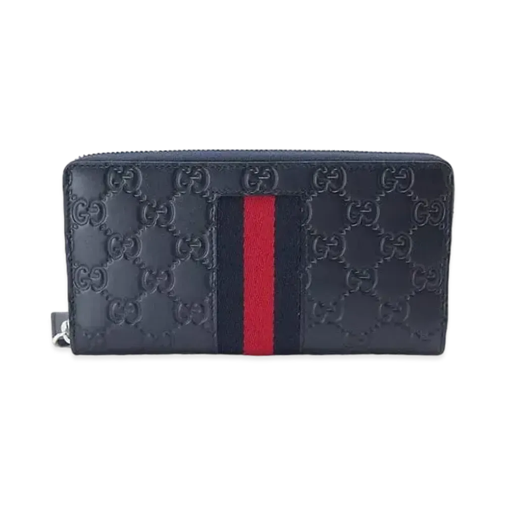 GUCCI New Web Leather Zip Around Wallet "Blue"