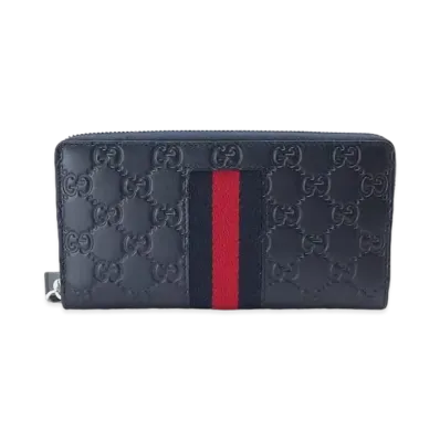 GUCCI New Web Leather Zip Around Wallet "Blue"