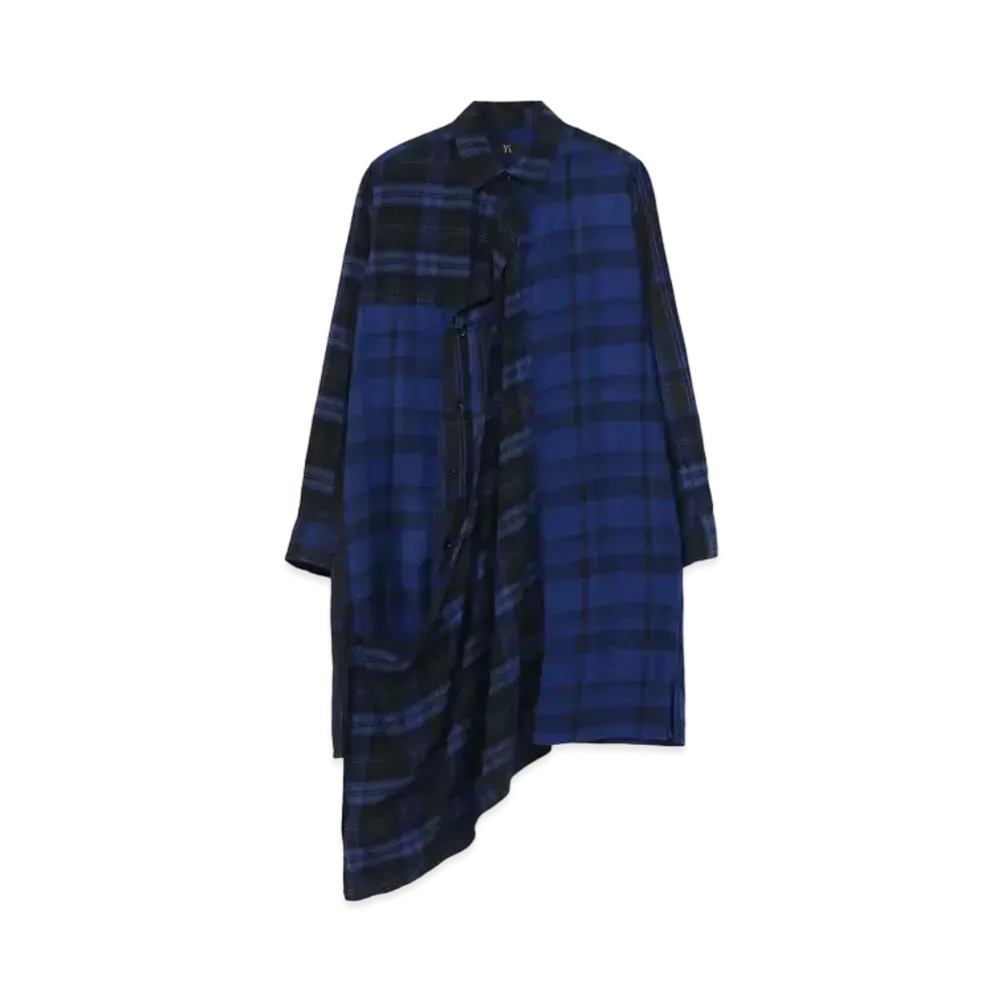 Yohji Yamamoto Y's TWILL CHECKED DRAPE LONG BLOUSE "Blue"