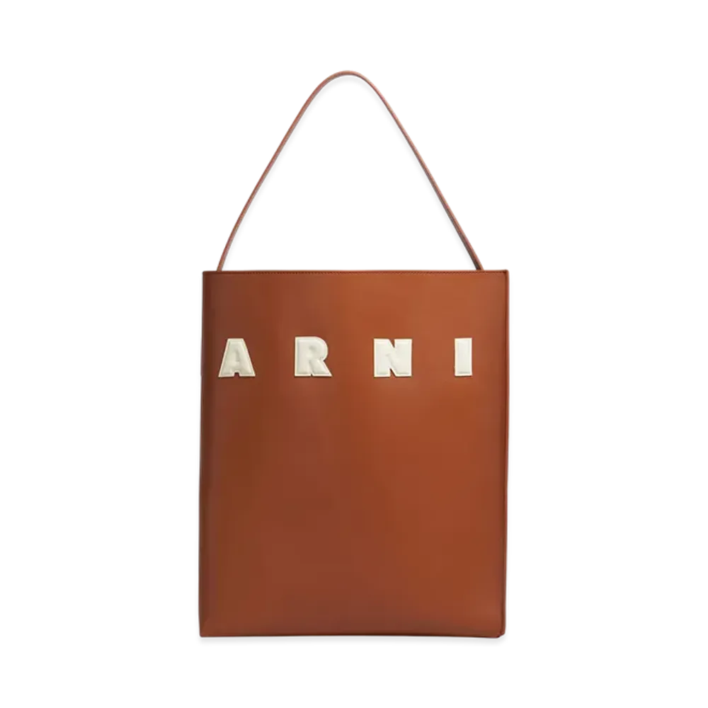 MARNI Museo Hobo Bag in Leather with Patch "Moka/Ivory"