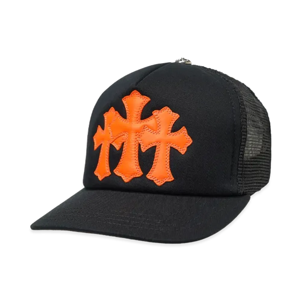 Chrome Hearts 3 Cemetery Leather Patch Mesh Tracker Cap "Black/Orange"