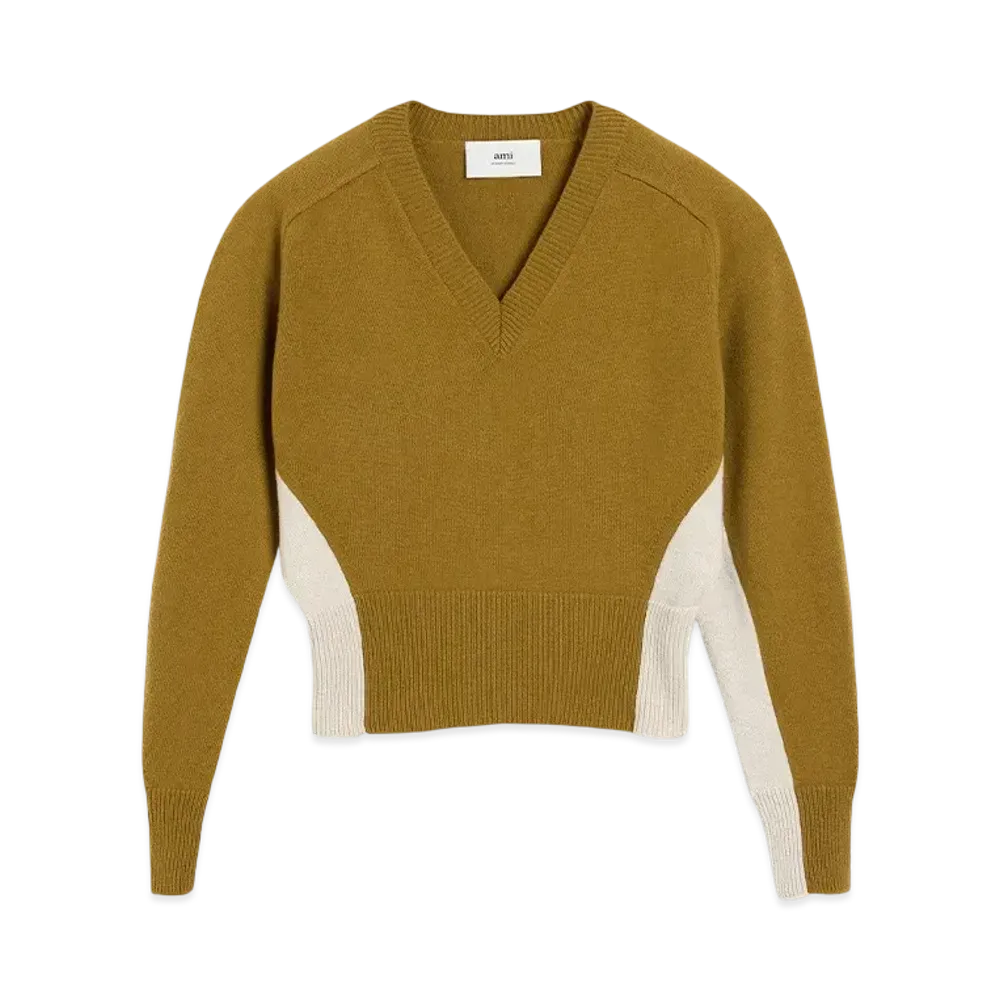 AMI PARIS Wool Knit Bicolor V-Neck Sweater "VertLichen/Mastic"