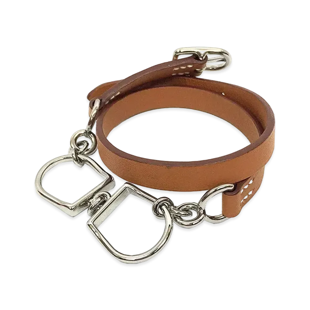 Hermes Etrier Double Tour Leather Bracelet "Brown/Silver"