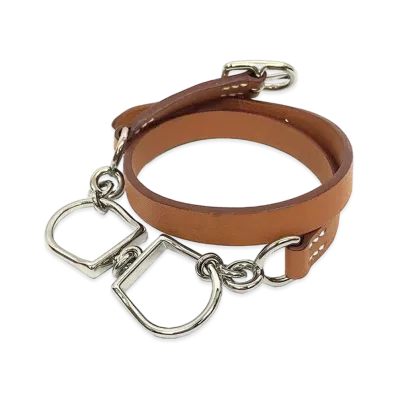 Hermes Etrier Double Tour Leather Bracelet "Brown/Silver"