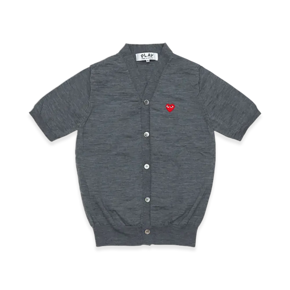 PLAY COMME des GARCONS V-Neck Short Sleeve Cardigan With Red Medium Emblem "Medium Gray"