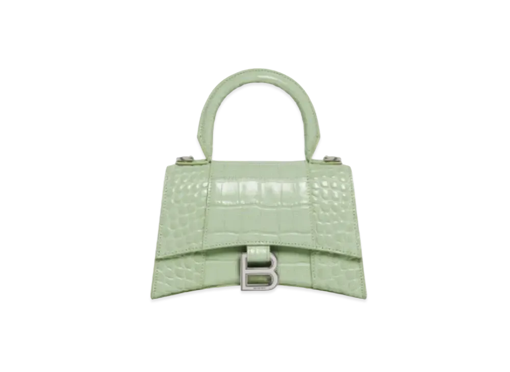 BALENCIAGA Hourglass XS Handbag In Shiny Crocodile Embossed Calfskin "Light Green"