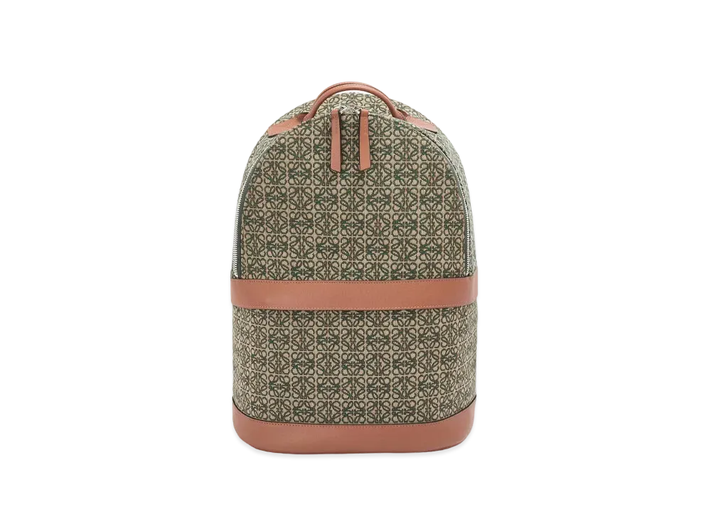 LOEWE Round Backpack In Anagram Jacquard And Calfskin "Khaki Green/Tan"