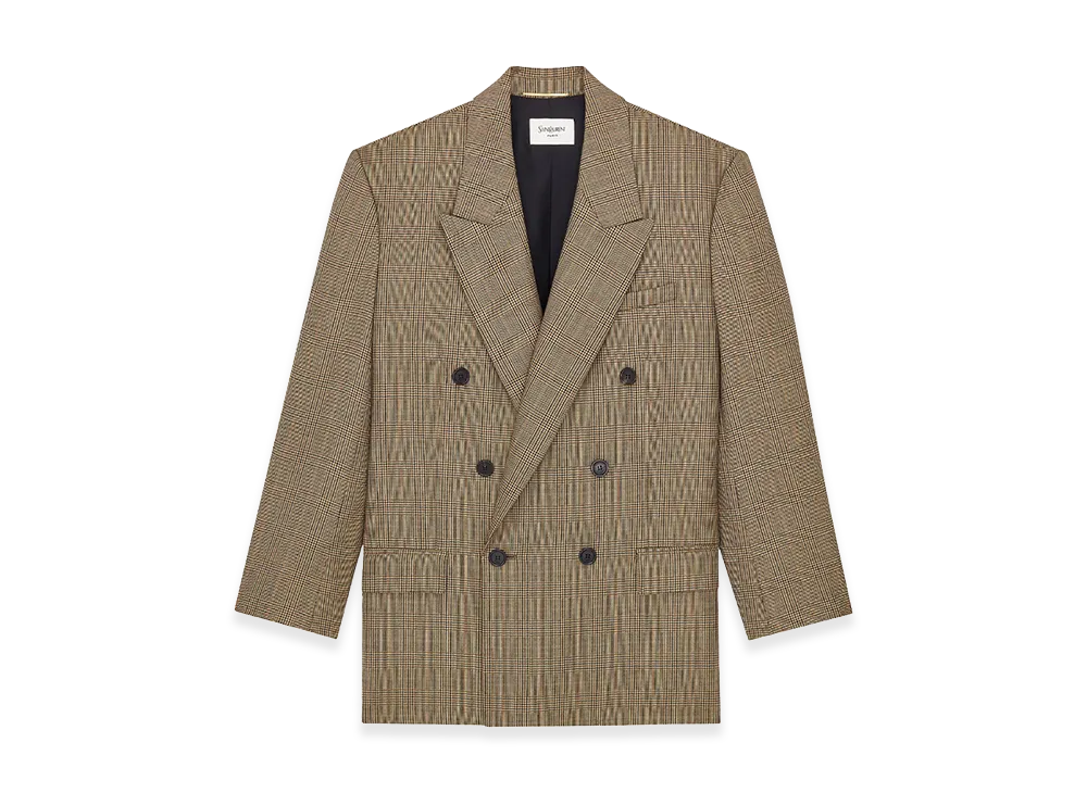 Saint Laurent Women's Double-Breasted Jacket In Prince Of Wales Puppytooth Wool "Beige"