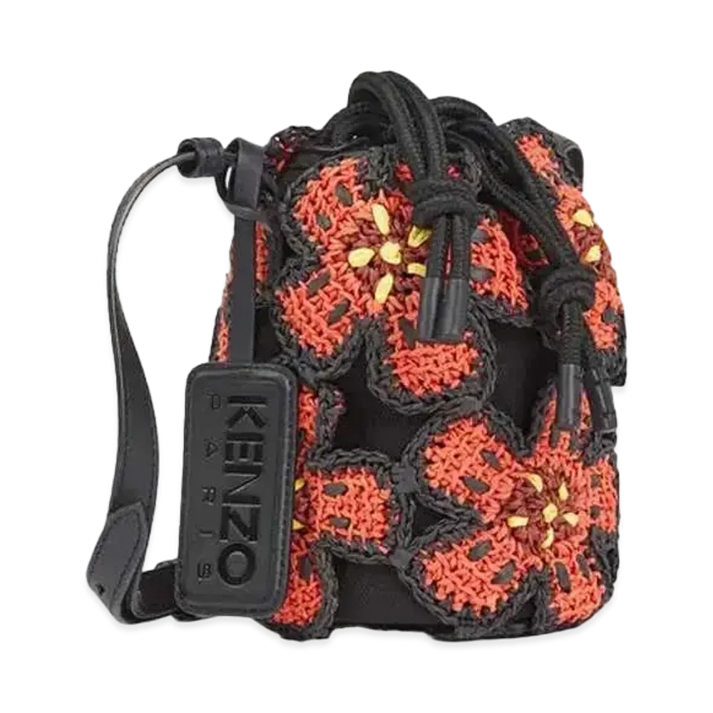KENZO 'BEACH' Straw Floral Bucket Bag "Medium Red"