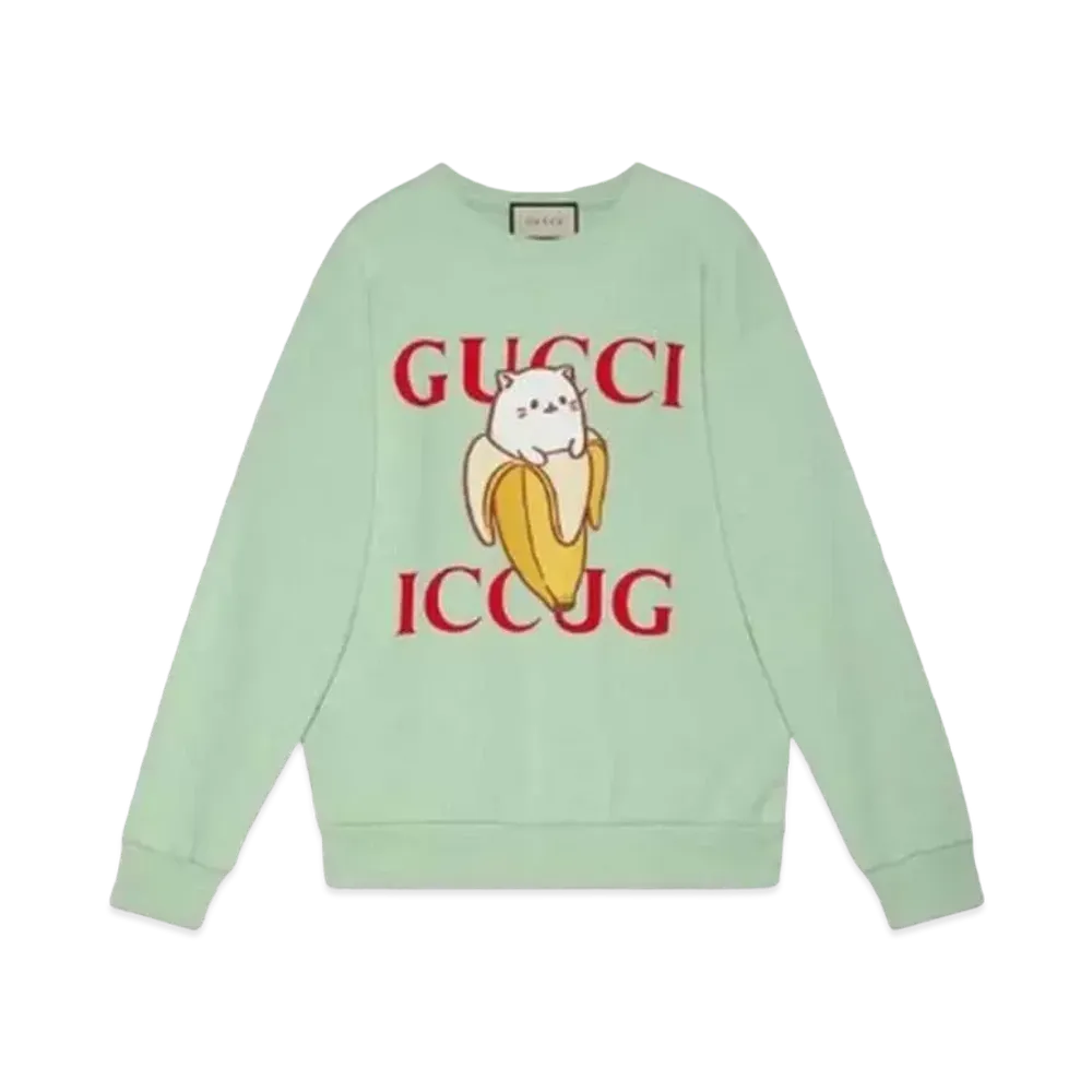 GUCCI x Bananya Men's Crossover Kitten Round Neck Cartoon Long Sleeves "Green"