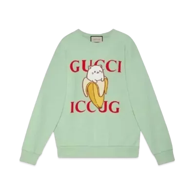 GUCCI x Bananya Men's Crossover Kitten Round Neck Cartoon Long Sleeves "Green"