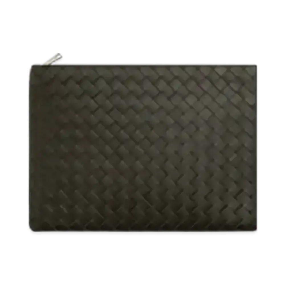 Bottega Veneta Intrecciato Half Zipped Pouch "Khaki/Dark Praline"