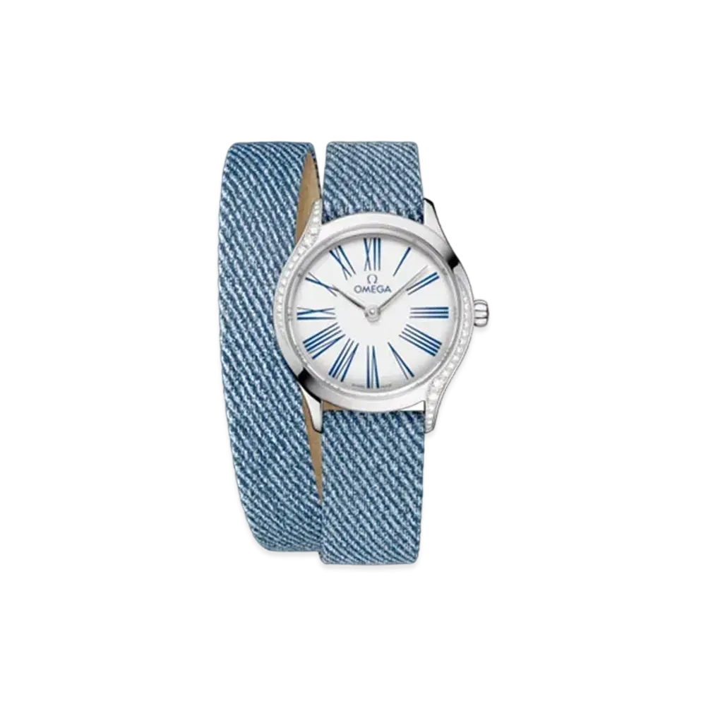 OMEGA De Ville Mini Tresor Diamonds Blue Jeans Pattern Grain Calf Leather Double Strap 26MM "Stainless Steel/White/Blue" 428.17.26.60.04.009