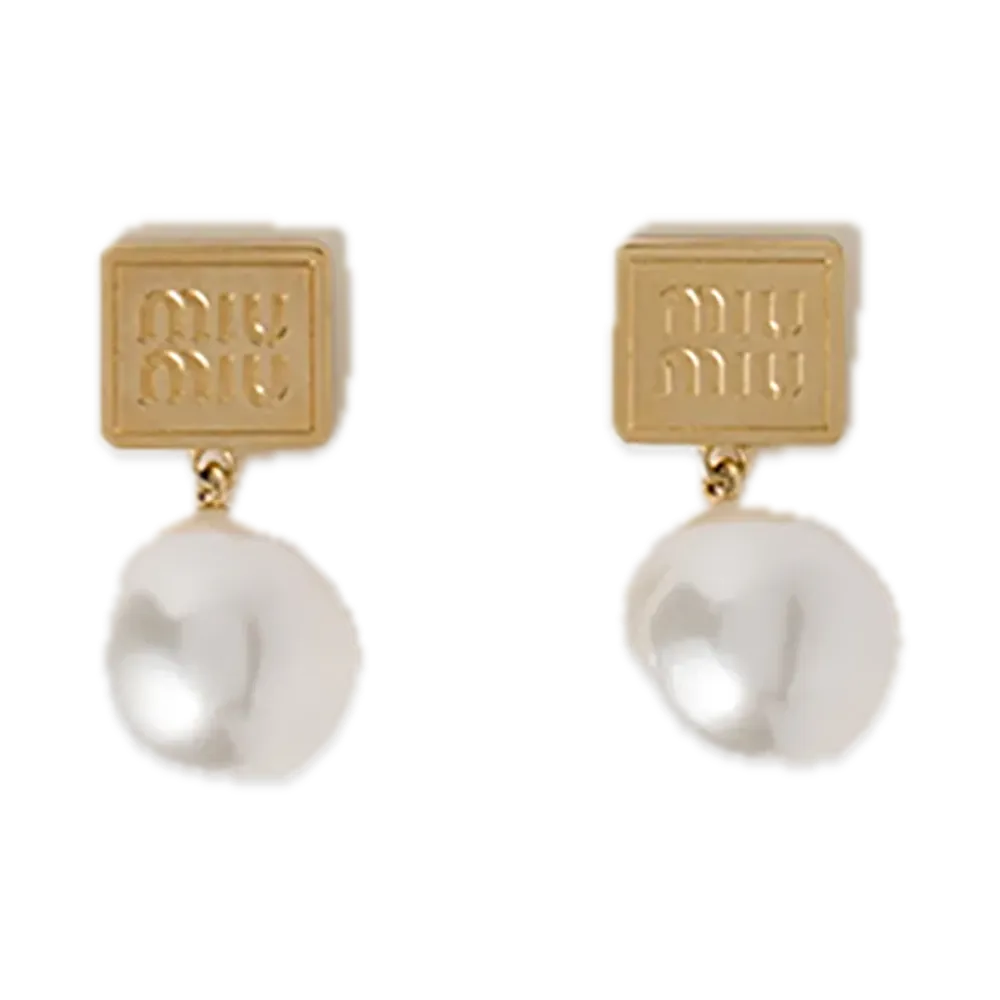 MIU MIU Metal / Faux Pearl Earrings "Gold/Cream White"