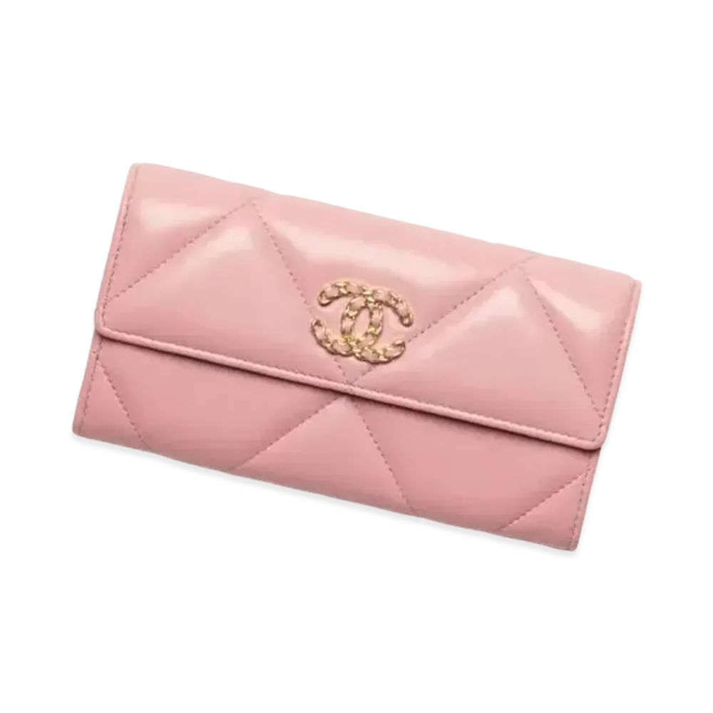 CHANEL 19 Long Flap Wallet Shiny Lambskin Gold Tone Silver Tone & Ruthenium Finish Metal "Coral Pink"