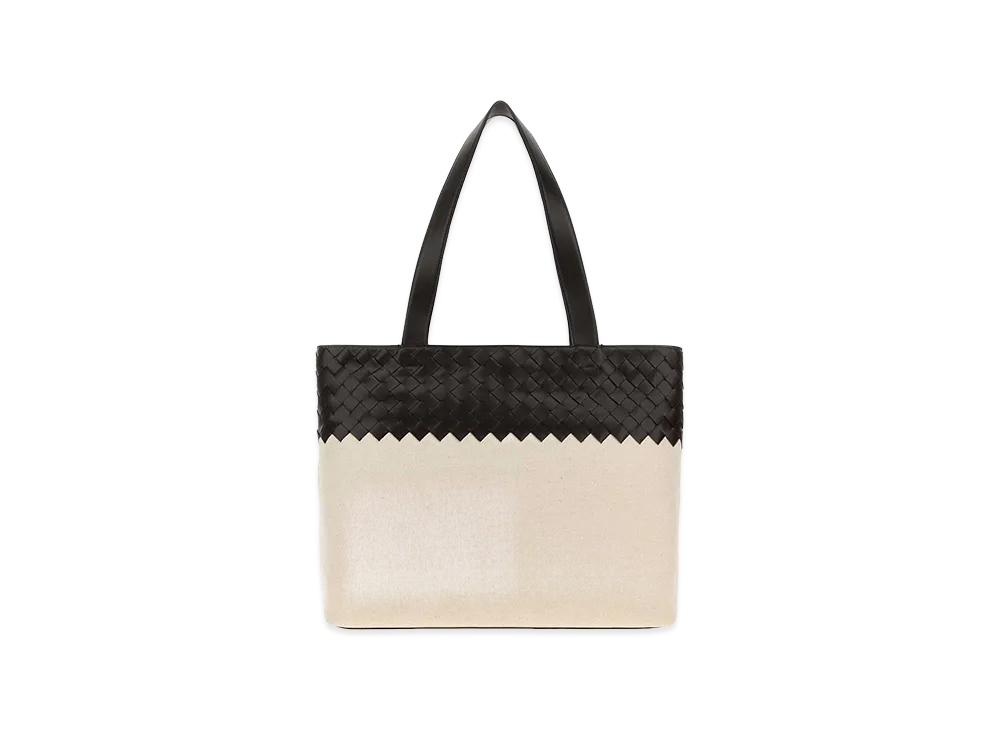 Bottega Veneta Two-Tone Leather And Canvas Intrecciato Shopping Bag "Beige/Black"