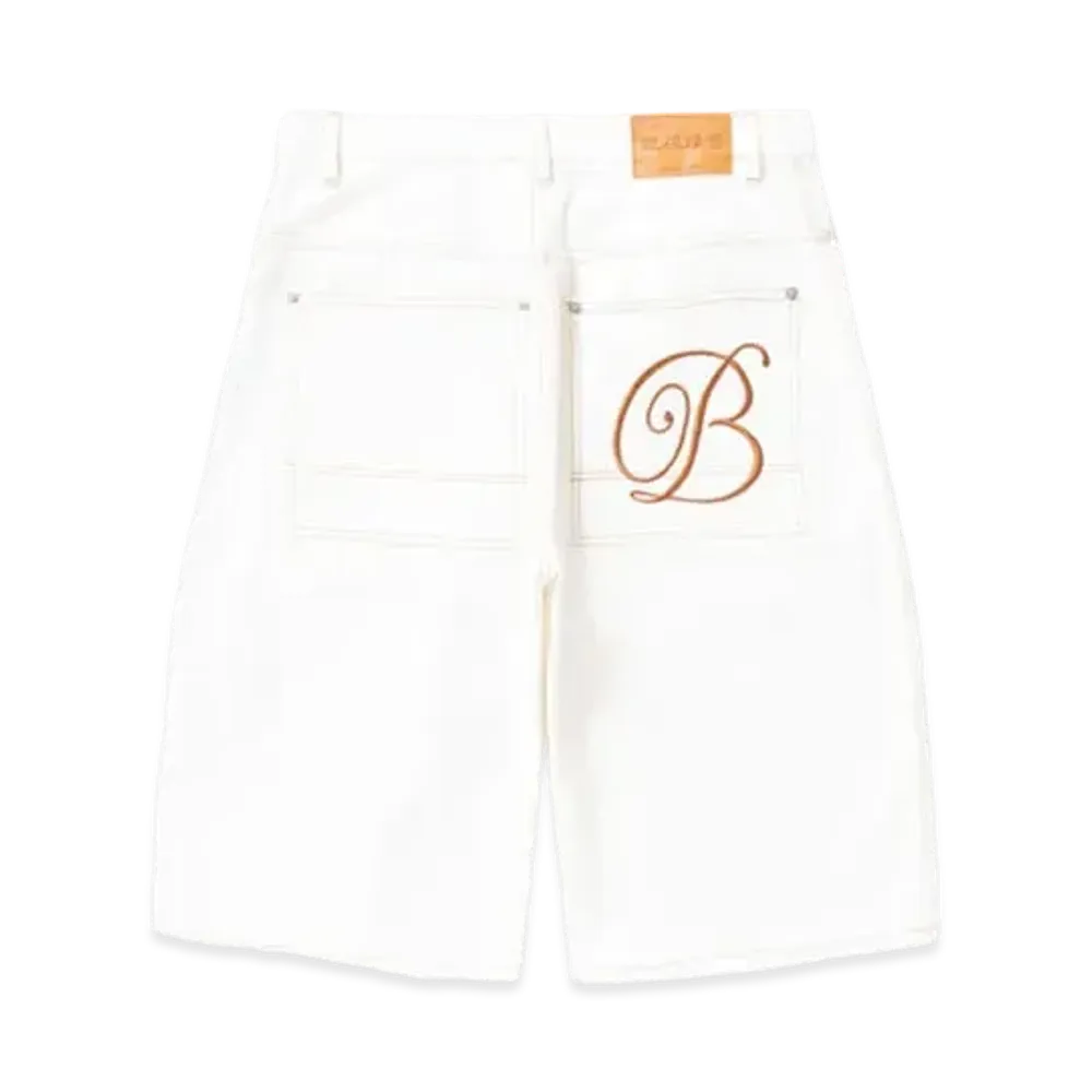 Black Eye Patch B Emblem Baggy Denim Shorts "White"