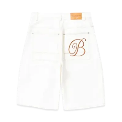 Black Eye Patch B Emblem Baggy Denim Shorts "White"