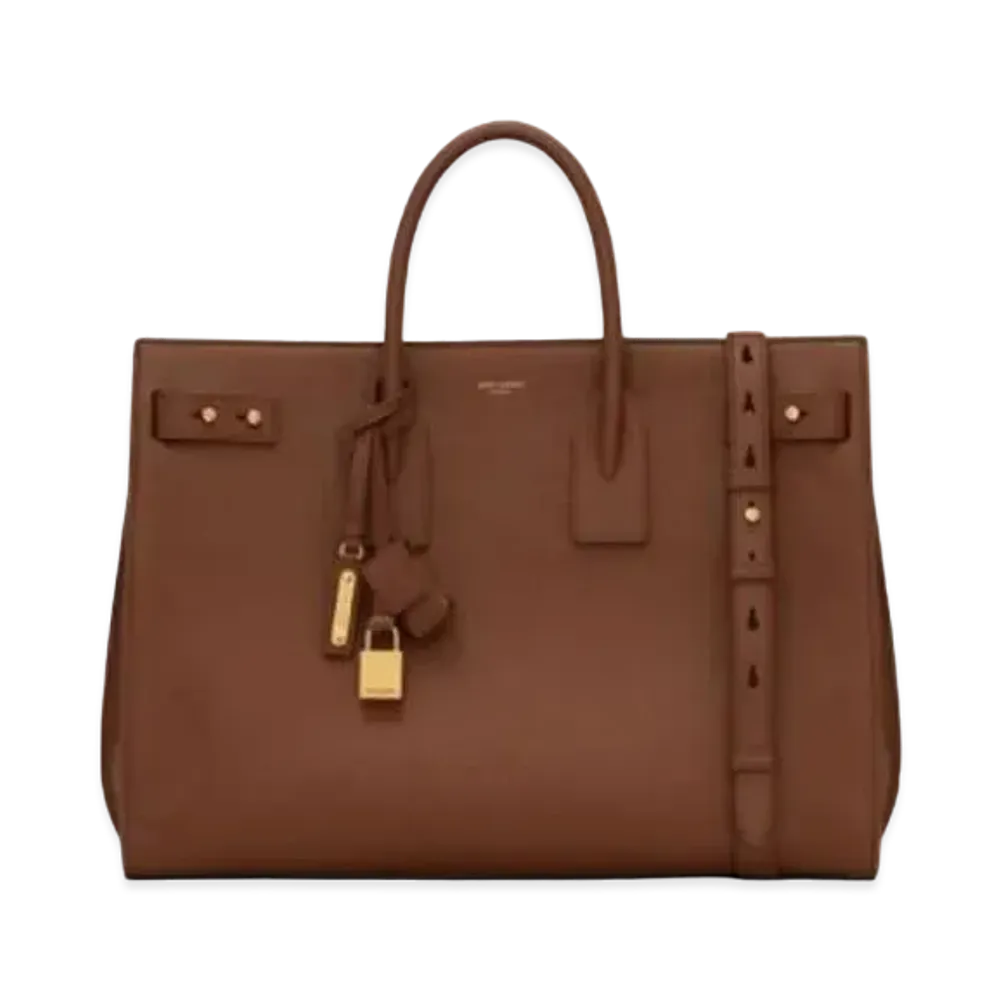 SAINT LAURENT Sac De Jour Thin Large Bag In Grained Leather "Toast Brown"