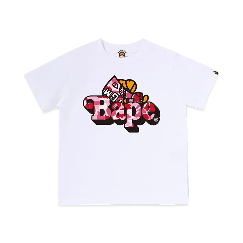 A BATHING APE Kids ABC Camo Shark Milo On Bape Tee "White/Pink"