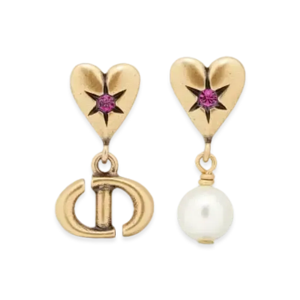 Dior Lucky Charms Earrings Metal with a Resin Pearl and Crystals "Antique Gold/White/Pink"