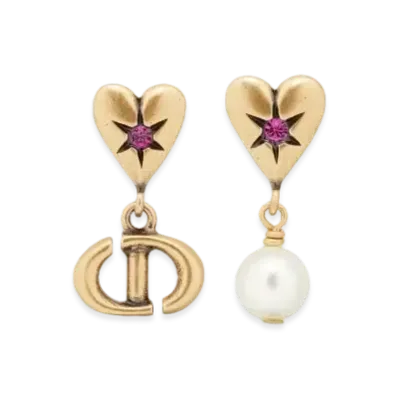 Dior Lucky Charms Earrings Metal with a Resin Pearl and Crystals "Antique Gold/White/Pink"