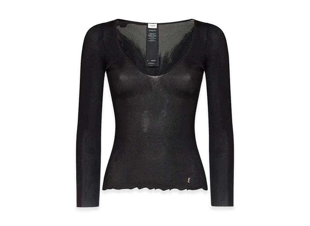 Saint Laurent Women's Ribbed Silk V-Neck Cassandre Top "Black"