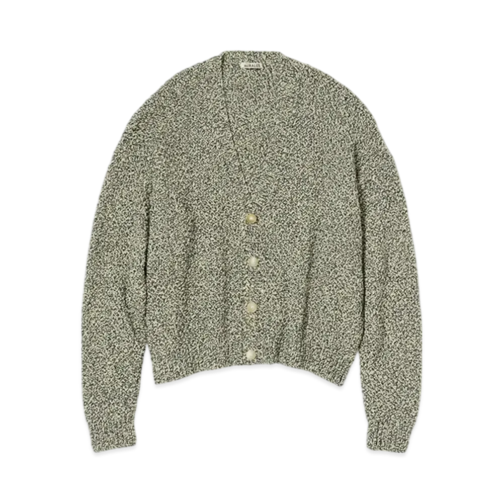 AURALEE Cotton Cashmere Cord Knit Cardigan "Lime/Navy"