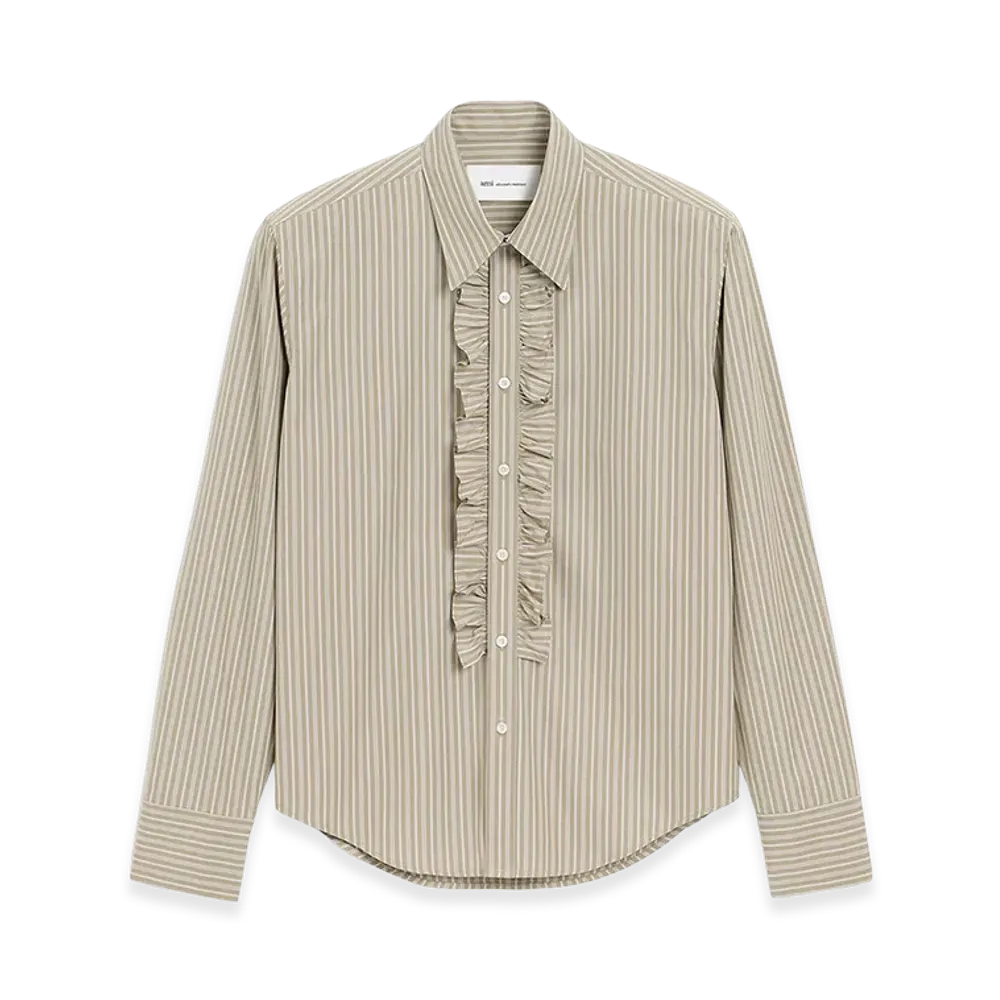 AMI PARIS Cotton Long Sleeve Ruffled Adjusted Shirt "Beige"