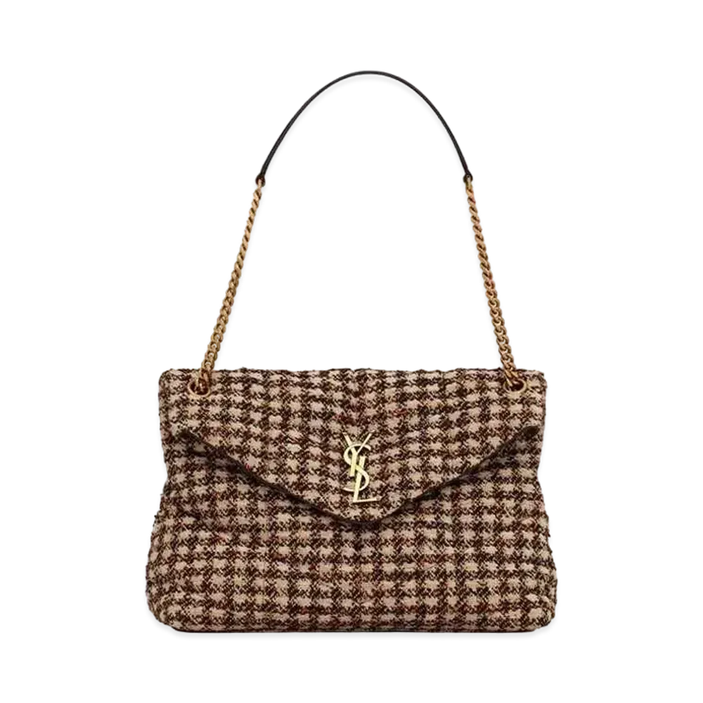 Saint Laurent Puffer Small Bag In Checked Tweed And Lambskin "Beige"
