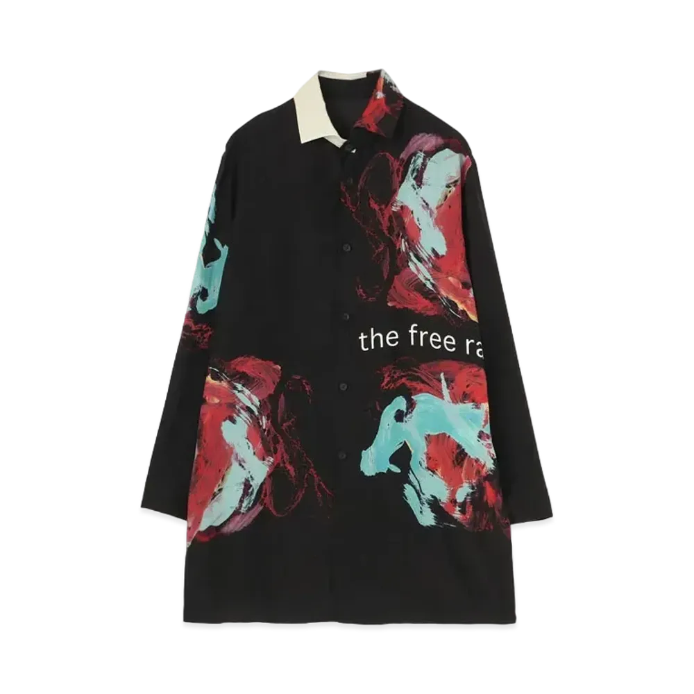 Yohji Yamamoto Pour Homme SILK SATIN ORIGINAL PRINT SPARE COLLAR ALOHA SHIRT "Black"