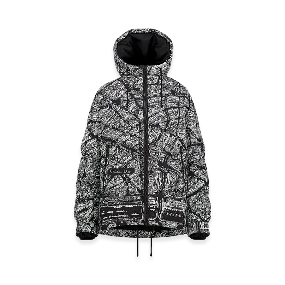 Dior Women's Dioralps Hooded Puffer Jacket Quilted Technical Taffeta Plan Paris Motif "Black/White"
