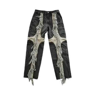 THUG CLUB Mohican Leather Denim Pants "BLACK / IVORY"