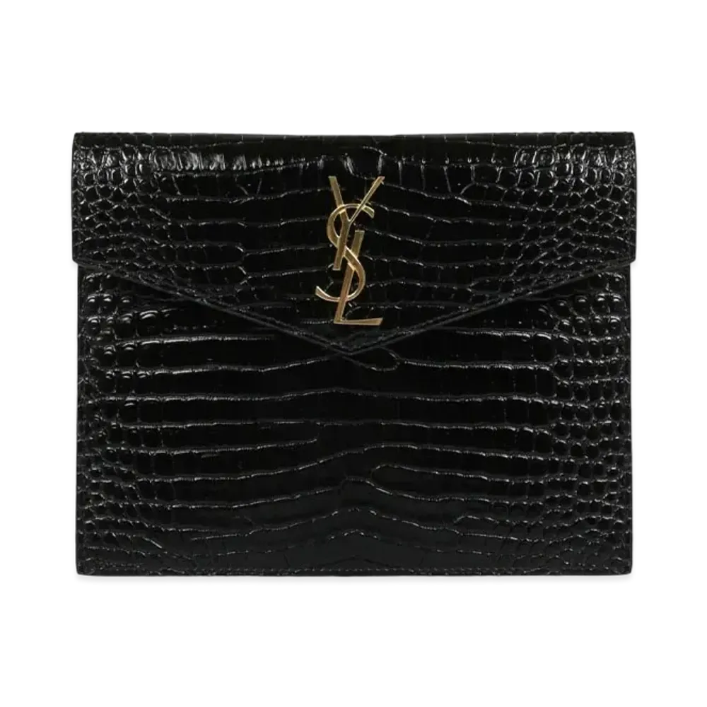 SAINT LAURENT Uptown Baby Pouch In Shiny Crocodile-Embossed Leather "Black"