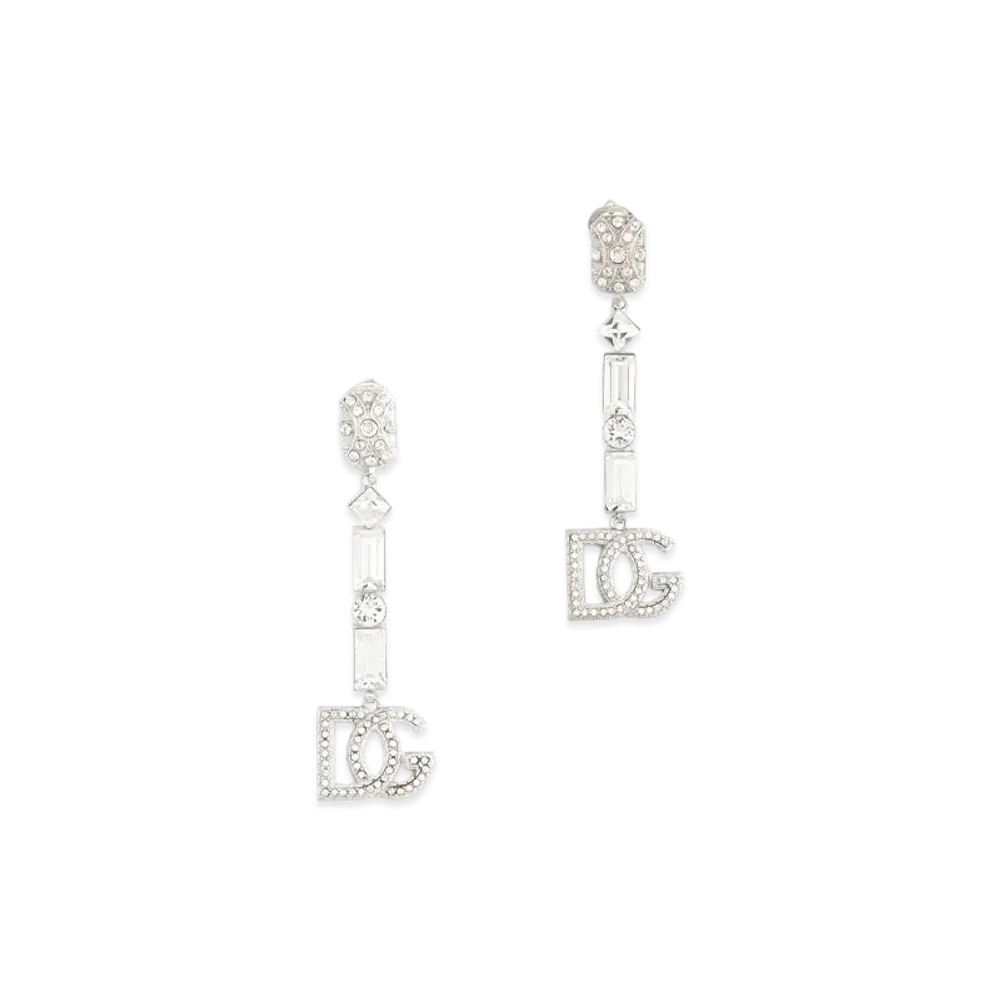 Dolce&Gabbana Clip-On Drop Earrings With Rhinestone Accents And The DG Logo "Silver"