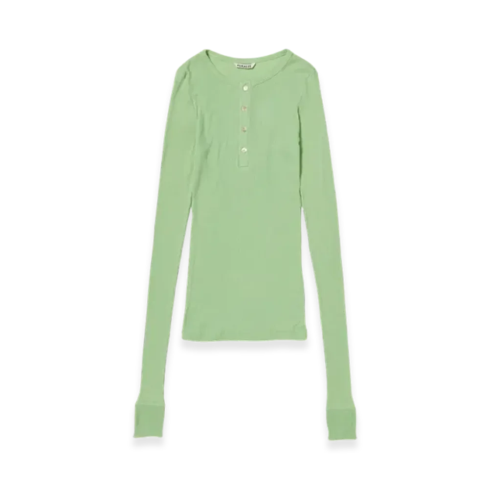 AURALEE Organic Soft Rib Henley Neck L/S T-Shirt "Light Green"