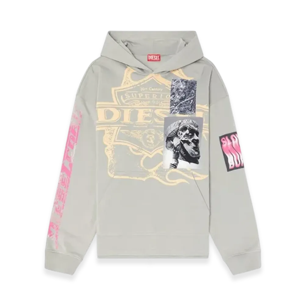 Diesel S-Baxt-Hood-R1 Hoodie With Prints And Logo Patches "Gray"