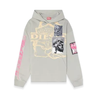 Diesel S-Baxt-Hood-R1 Hoodie With Prints And Logo Patches "Gray"