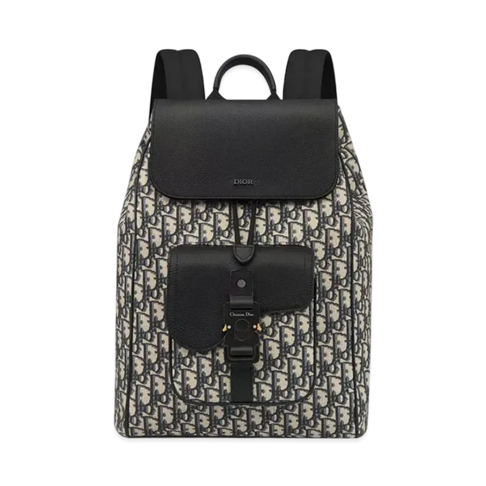 Dior Saddle Backpack with Flap Dior Oblique Jacquard with Grained Calfskin "Beige/Black"