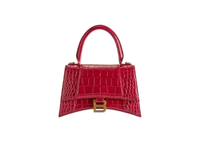 BALENCIAGA Hourglass Small Handbag In Shiny Crocodile Embossed Calfskin "Red"
