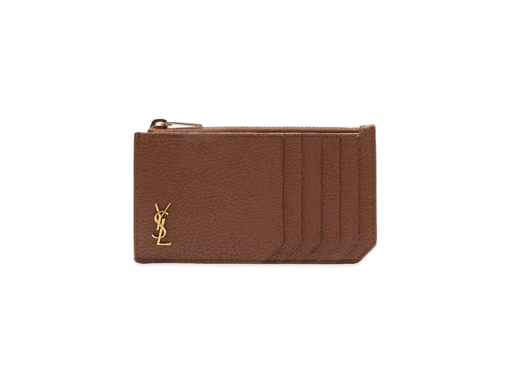 SAINT LAURENT Tiny Monogram Zipped Fragments Credit Card Case In Grained Leather "Toast Brown"
