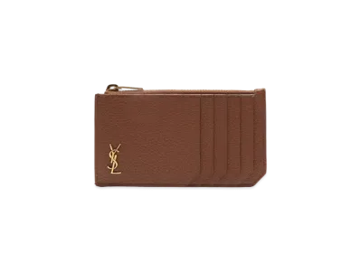 SAINT LAURENT Tiny Monogram Zipped Fragments Credit Card Case In Grained Leather "Toast Brown"